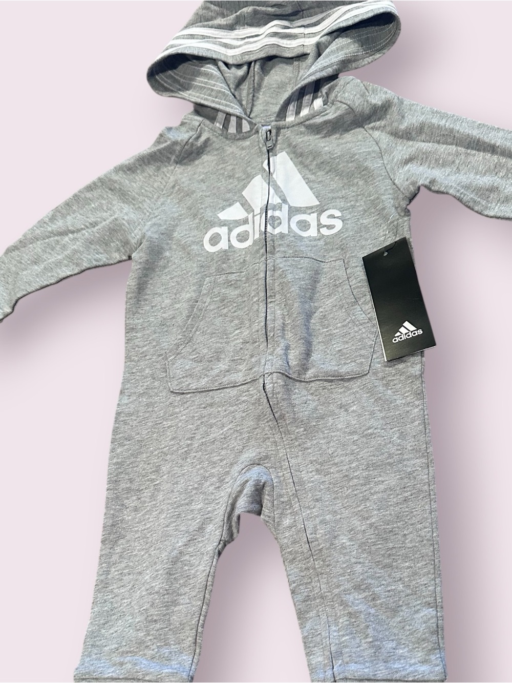 NWT adidas Zip Front Grey Hooded Baby One-Piece Romper Size 9 Months - Picture 2 of 10